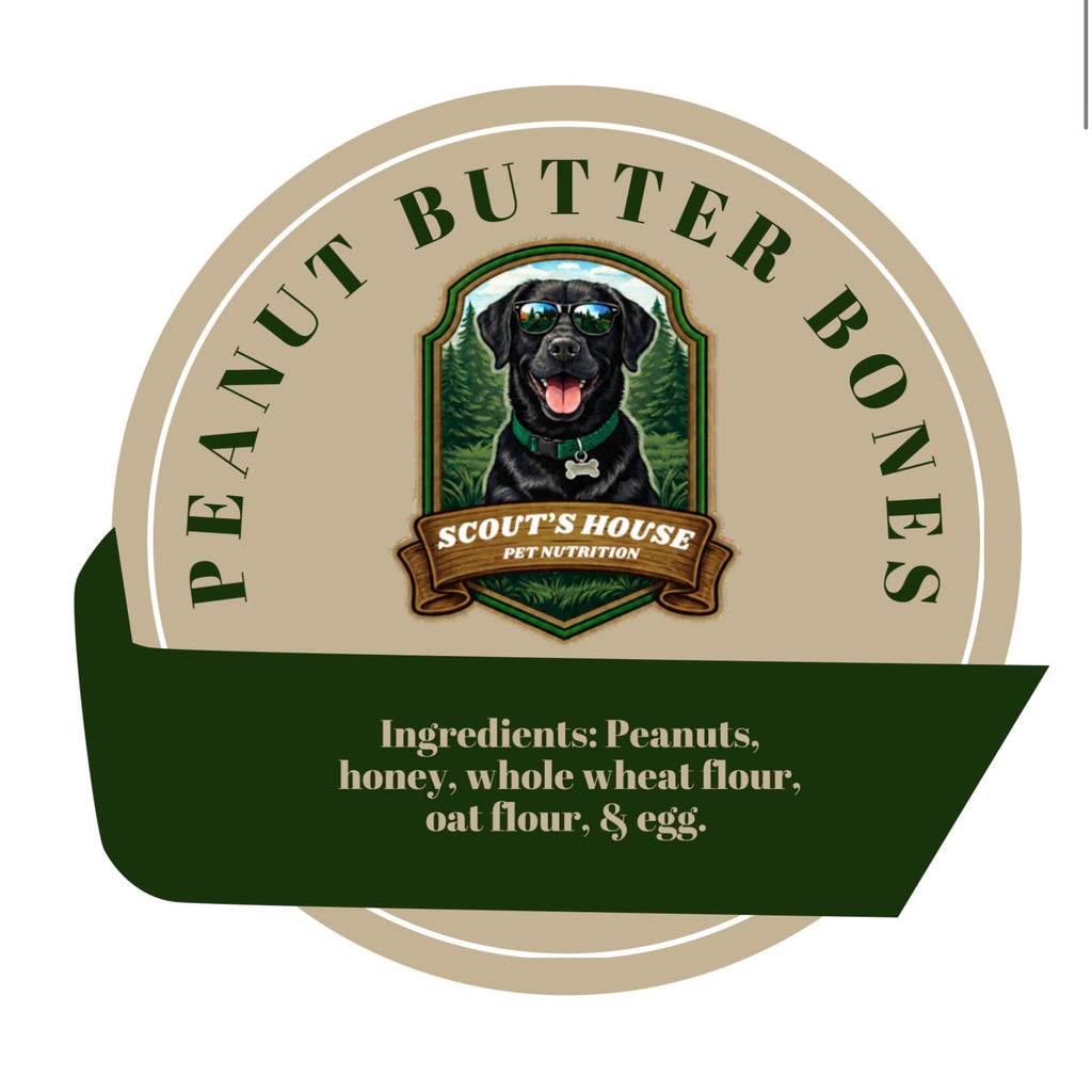 Peanut Butter Bones packaging with a dog illustration and ingredient list on a beige and green background.
